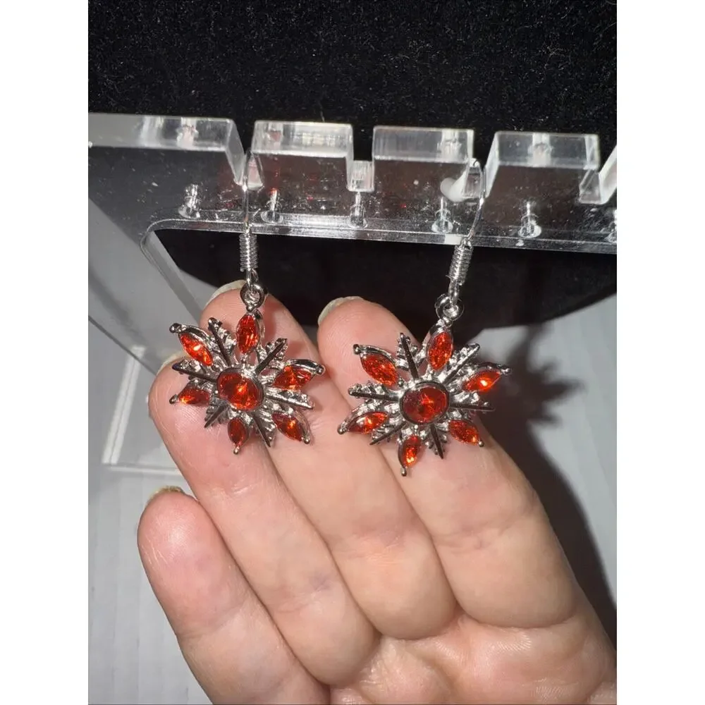 Red Snowflake Silvertone Christmas Holiday Dangle Earrings